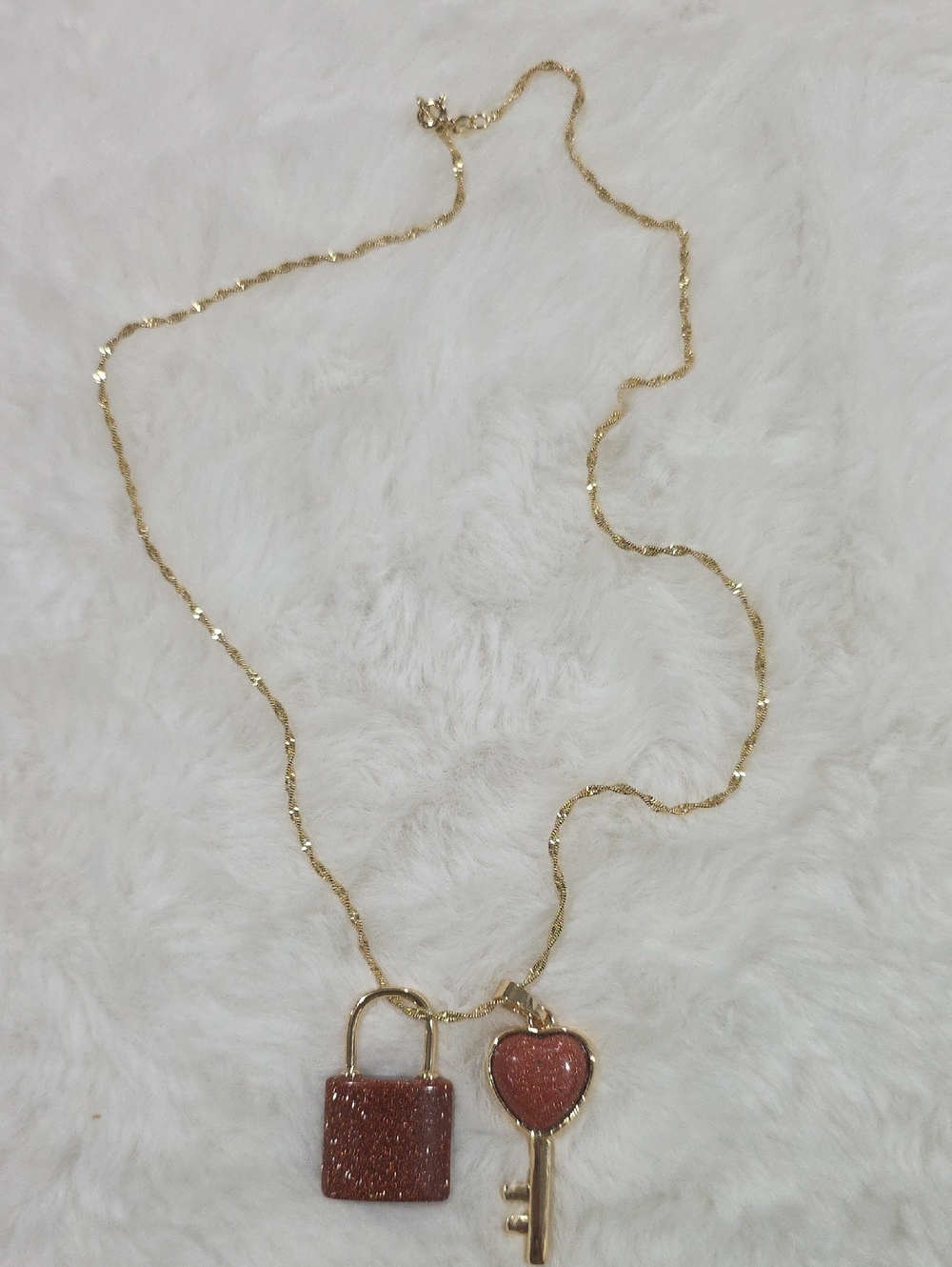 14k Gold Plated Heart Key & Padlock Pendant Necklace - Brown Glitter